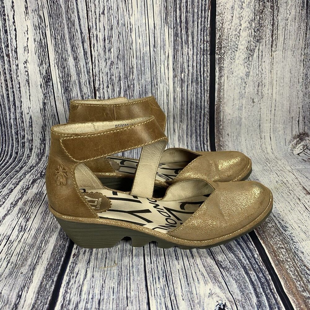 Fly London Pats Brown Gold Metallic Leather Wedge Sandals 801 Women's Size 36